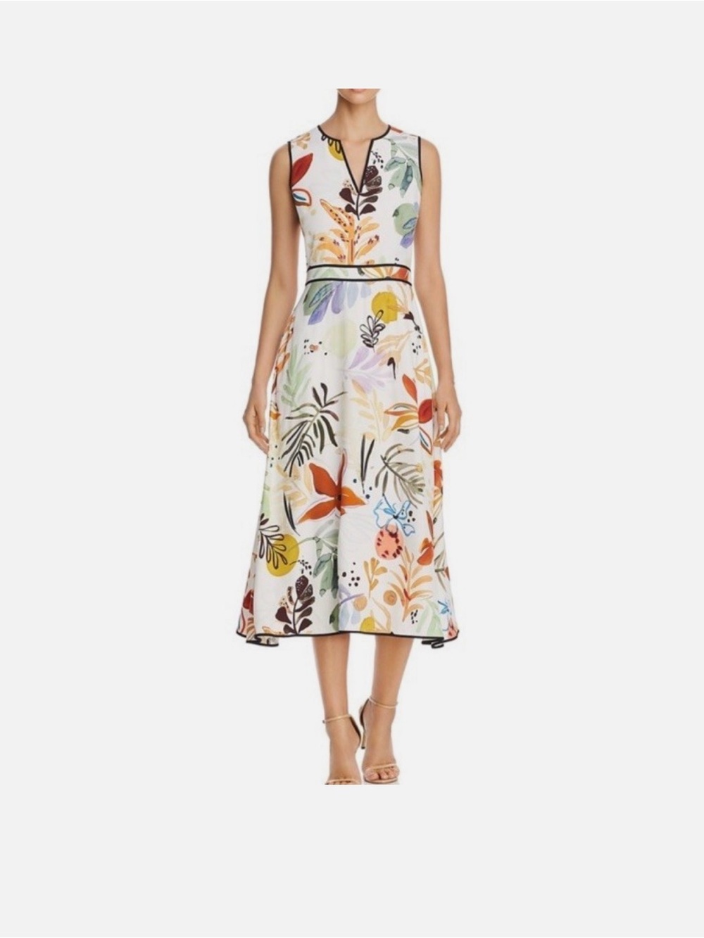 Lafayette 148 New York White Sleeveless Dress with Multicolor Botanical Print